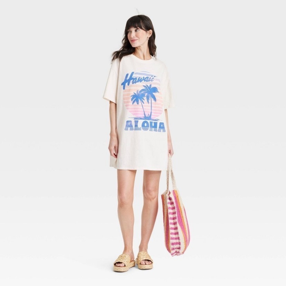 Women's Hawaii Aloha Short Sleeve Graphic
T-Shirt Dress - Off-White S/M new